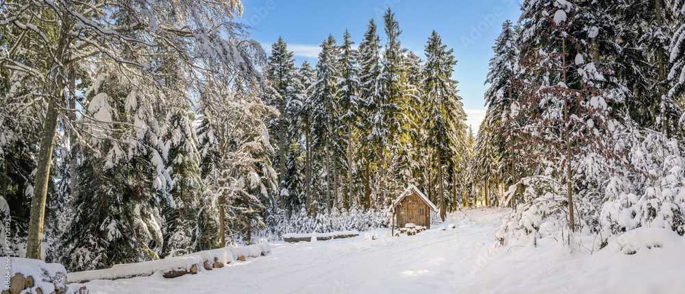 Winter Wonderland Surrounding a Cozy Log Cabin, Awash in the Gentle Glow of a Morning Sunrise
