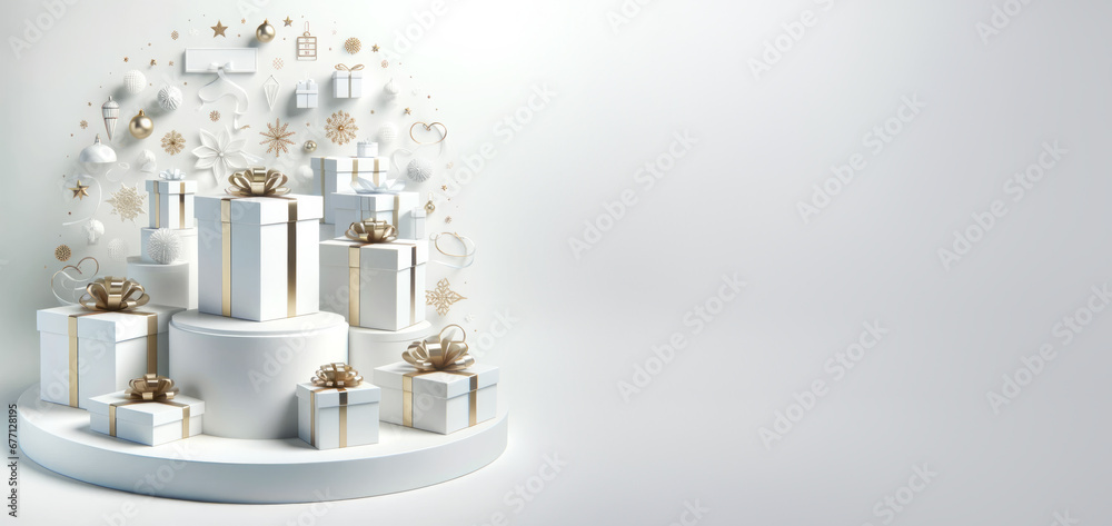 White and Gold Christmas Gifts Mockup Background, Generative AI White and Gold Christmas Gifts Mockup Background, Generative AI