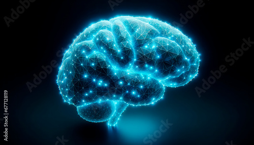 Creative glowing human brain on dark background. Artificial intelligence concept. Generative AI