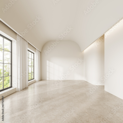 Beige empty living room interior andpanoramic window on tropics