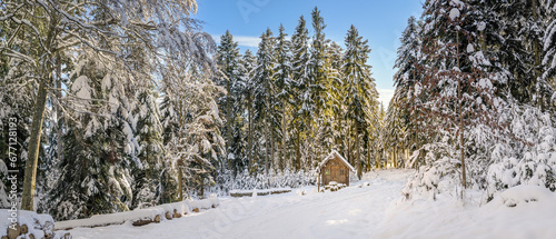 Winter Wonderland Surrounding a Cozy Log Cabin, Awash in the Gentle Glow of a Morning Sunrise