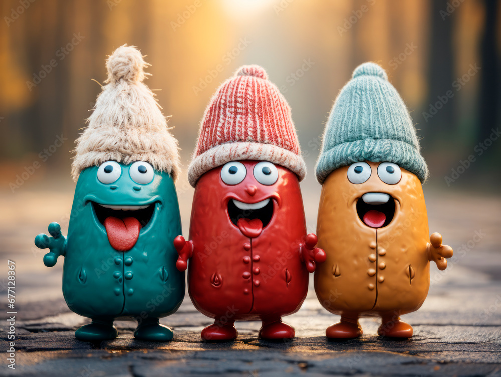 Animated characters in winter attire expressing happiness. Generative AI