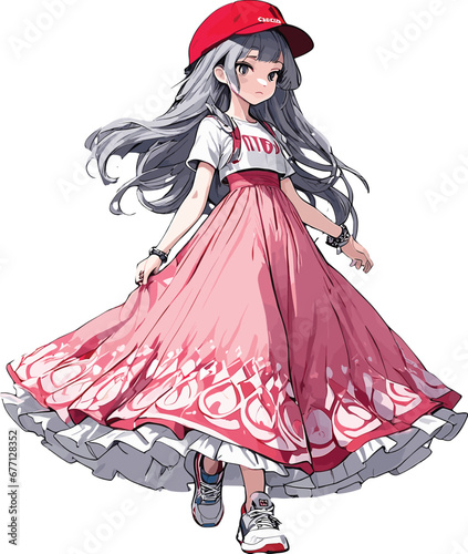 a young lady wearing a long skirt,colorfull hair, walking confident,anime style