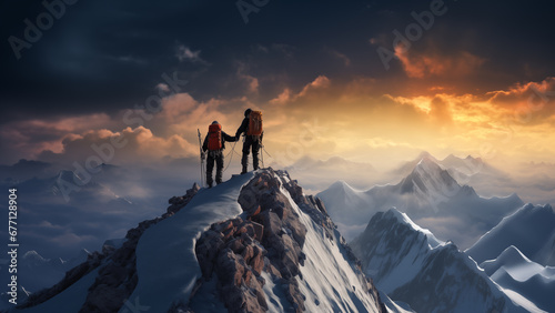 Two passionate people who climbed to the top of a snow-covered mountain in the cold winter, relying on each other.
