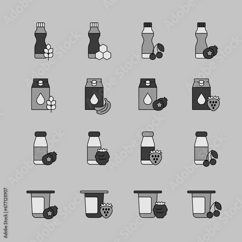 Fruits yogurt set vector grayscale icon