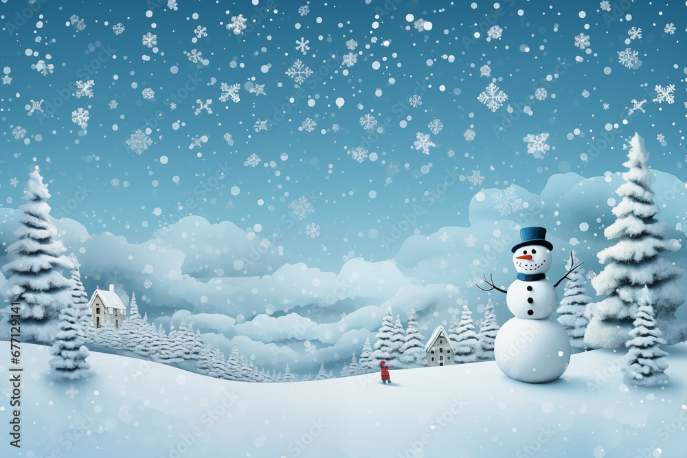 Obraz premium Winter forest with cute snowman, pine tree and snow flakes. Christmas, new year, winter background