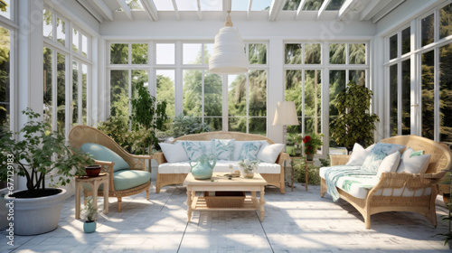 a sunroom with a green tile floor and a white sofa and a skylight