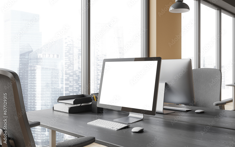 Stylish workspace interior with pc desktop on desk with mock up display, window