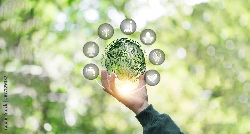 Hand of human holding green world with eco environment icon, Save world, technology sustainable alternative environment concept. Energy of natural gas sustainable and business on green background. Hand of human holding green world with eco environment icon, Save world, technology sustainable alternative environment concept. Energy of natural gas sustainable and business on green background.