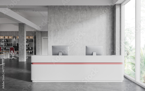 White and concrete office hall with reception counter
