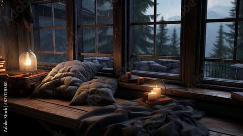 A cozy corner with a window seat, fluffy cushions, and a view of a rainy day outside for a perfect reading spot.