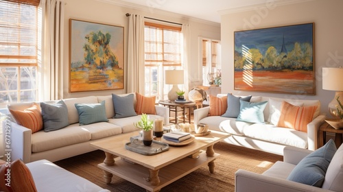 A cozy living room bathed in warm sunlight  with plush sofas and vibrant throw pillows  inviting you to relax and unwind.