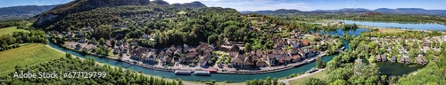 Aerial view of Chanaz, Canal de Savieres in Savoie, France