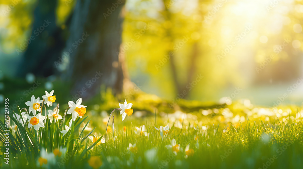 daffodil in white and yellwo on a spring meadow with warm light - obrazy, fototapety, plakaty 