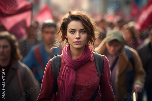 Mujer jóven al frente de una manifestación en el dia internacional de la mujer. Revolución. 