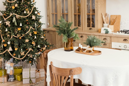 Light wooden kitchen with Christmas decorations