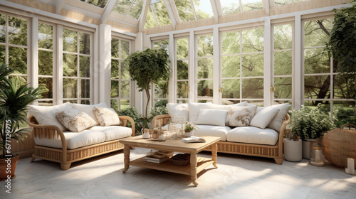 a sunroom with a white tile floor and a wicker sofa and a skylight photo