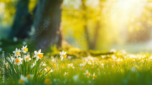daffodil in white and yellwo on a spring meadow with warm light photo