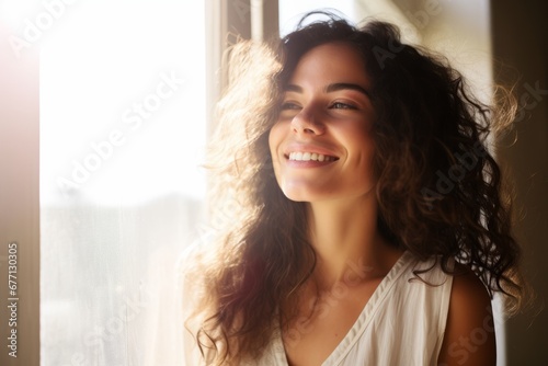 Mujer joven en calma y sonriente, estabilidad emocional y salud mental. Entusiasta.  photo
