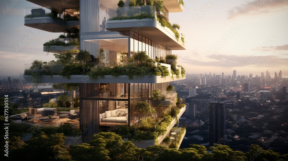 A futuristic high-rise apartment building with a sleek glass facade, balcony gardens, and stunning cityscape views for an urban living experience. 