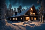 Wooden house in Sweden during winter by night