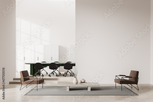 Beige business office room interior with relax and meeting area, wall mockup
