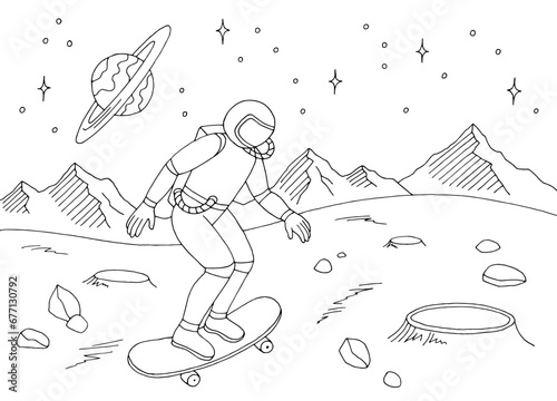 Astronaut skateboarding on alien planet graphic black white space landscape sketch illustration vector
