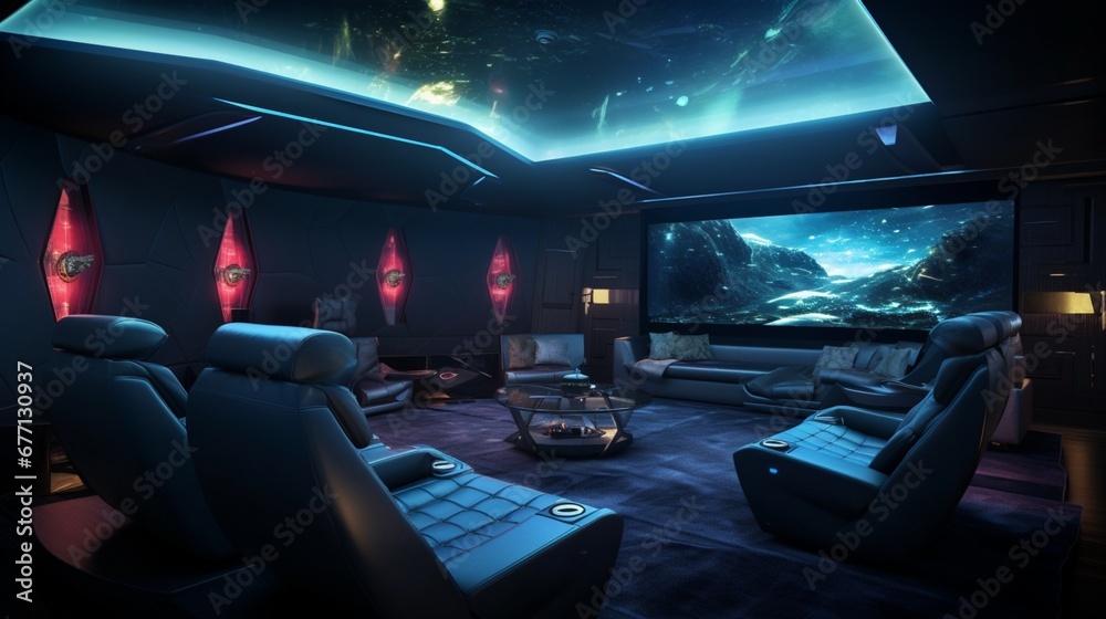 A futuristic home theater with LED-accented walls, reclining leather chairs, and a 3D projection system for an immersive movie night. 