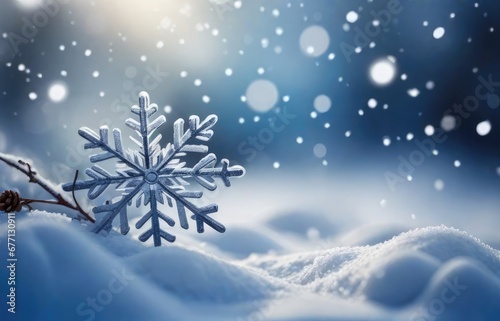 Beautiful decorative snowflakes in the snow against a blue natural background with falling snow and bokeh. Christmas winter background for design © Preyanuch