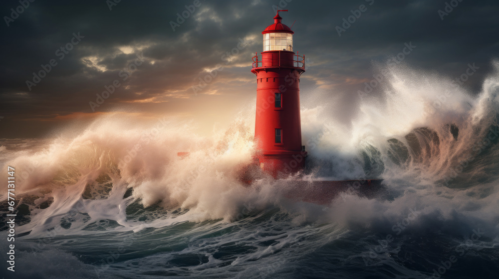 a tall red lighthouse and standing against a backdrop of rolling waves