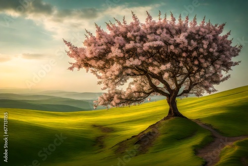 Flowering tree on a hill