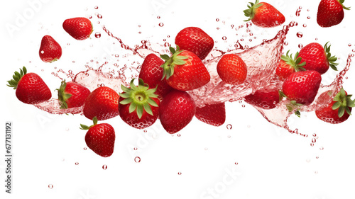 Strawberries falling into water with splash isolated on white background