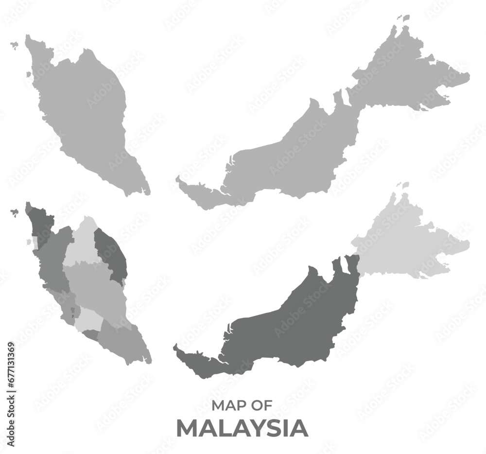 Greyscale vector map of Malaysia with regions and simple flat illustration