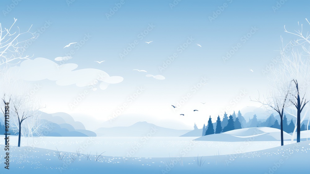 Peaceful lakeside view in winter, with silhouette trees, birds in the sky, and distant mountains