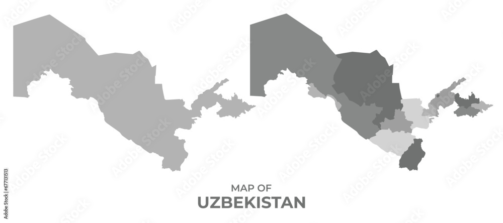 Greyscale vector map of Uzbekistan with regions and simple flat illustration