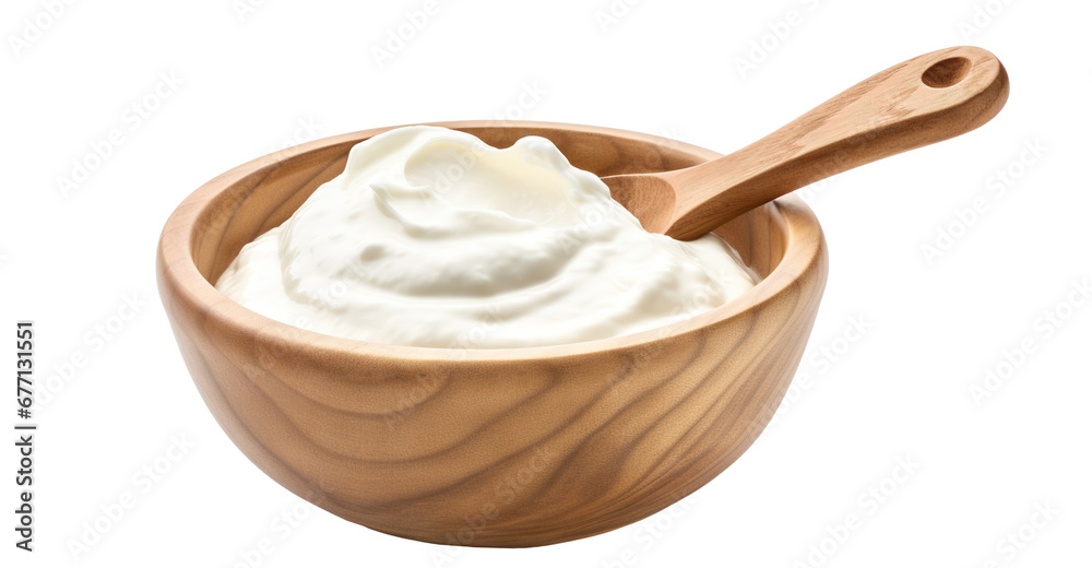 Wooden bowl with sour cream and a wooden spoon, cut out Wooden bowl with sour cream and a wooden spoon, cut out