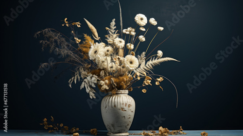 a tall vase with a bouquet of dried flowers