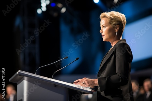 Mujer líder dando una conferencia a un público atento. Empoderamiento.  photo