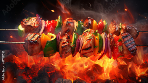 Meat kebabs with vegetables on flaming grill © Yuwarin