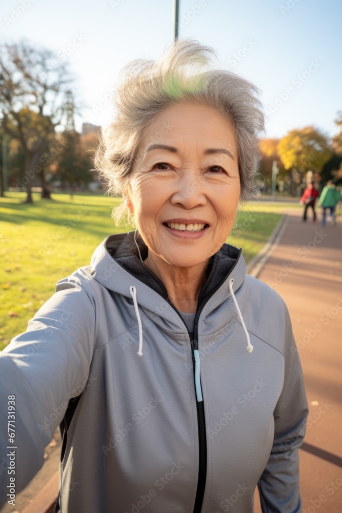 Mujer senior haciéndose un selfie tras hacer deporte en un parque. Estilo de vida saludable. 