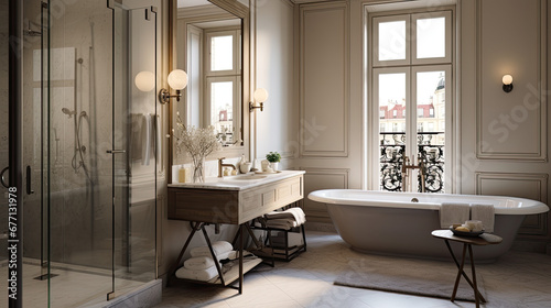 Modern Haussmannian Bathroom  Interior Design with Modern Details in Grey and Beige Palette