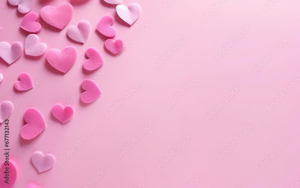 Doll style pink valentines day background with hearts made of felt, top view, over the shoulder, copy space at the right. AI Generative