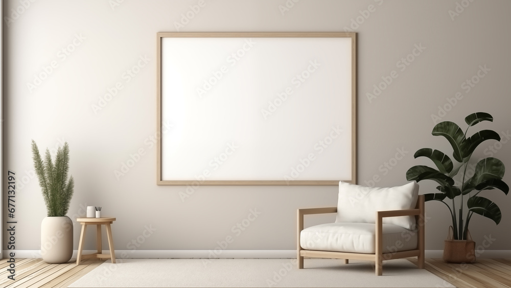 An empty picture frame hanging on a wall in a minimalist living room with a modern, soft glow.