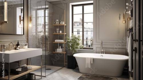 Modern Haussmannian Bathroom  Interior Design with Modern Details in Grey and Beige Palette