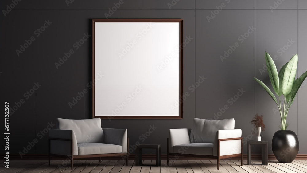 An empty picture frame hanging on a wall in a minimalist living room with a modern, soft glow. An empty picture frame hanging on a wall in a minimalist living room with a modern, soft glow.