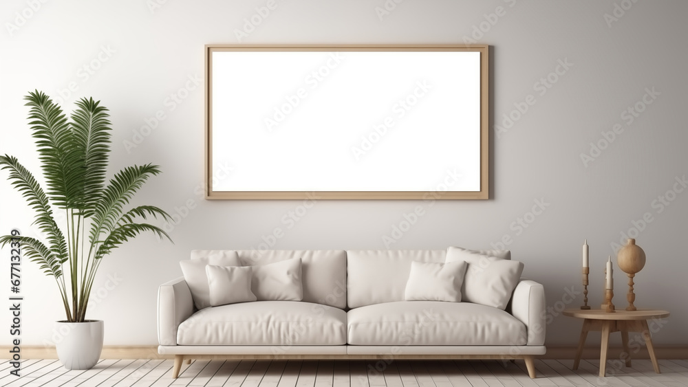 Naklejka premium An empty picture frame hanging on a wall in a minimalist living room with a modern, soft glow.