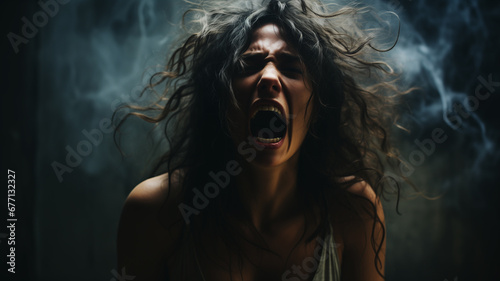 Portrai of screaming young woman in the dark, depression concept, ai generated