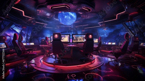 A high-tech gaming room with RGB lighting  gaming pods  and virtual reality stations for an immersive and futuristic gaming experience. 