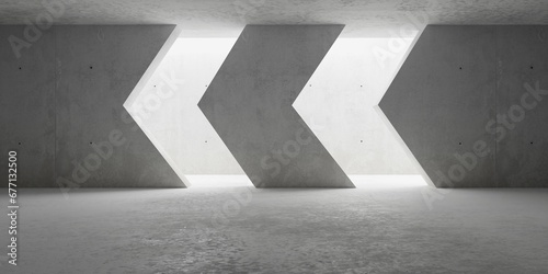 Abstract empty, modern concrete room with double arrow opening backlit from above and rough floor - industrial interior background template