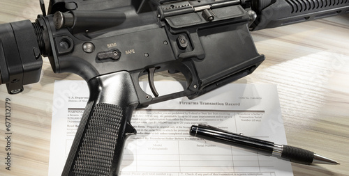 Obraz na płótnie Public domain criminal background check form an AR-15 w salonie
